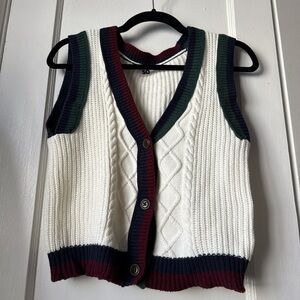 SO Clothing White Knit Vest with Navy and Green Trim